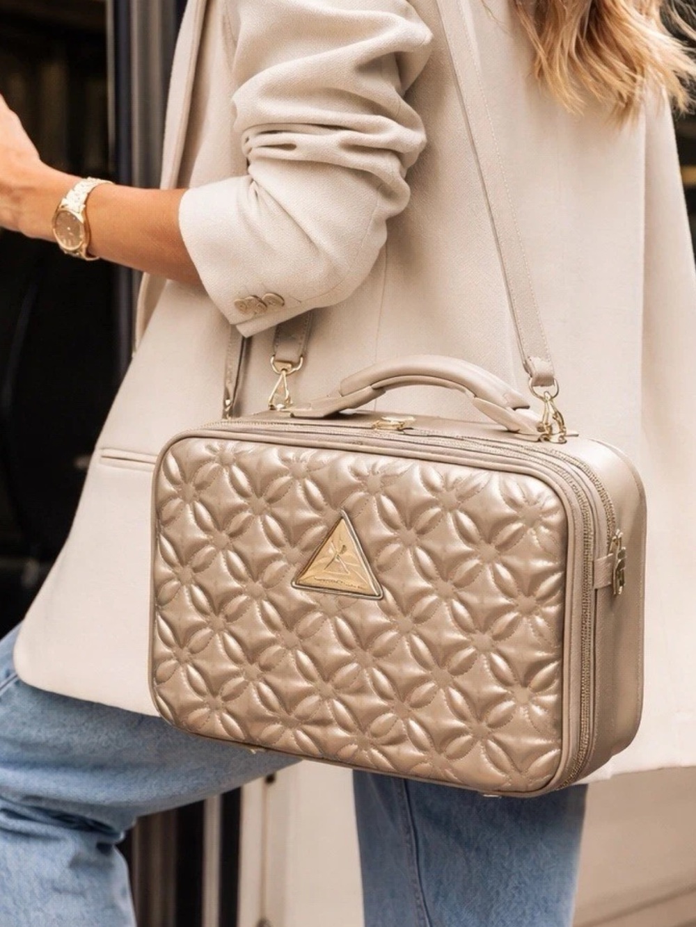 Triforce Metallic Taupe Cosmetic Case with Top Handle and Removable Strap